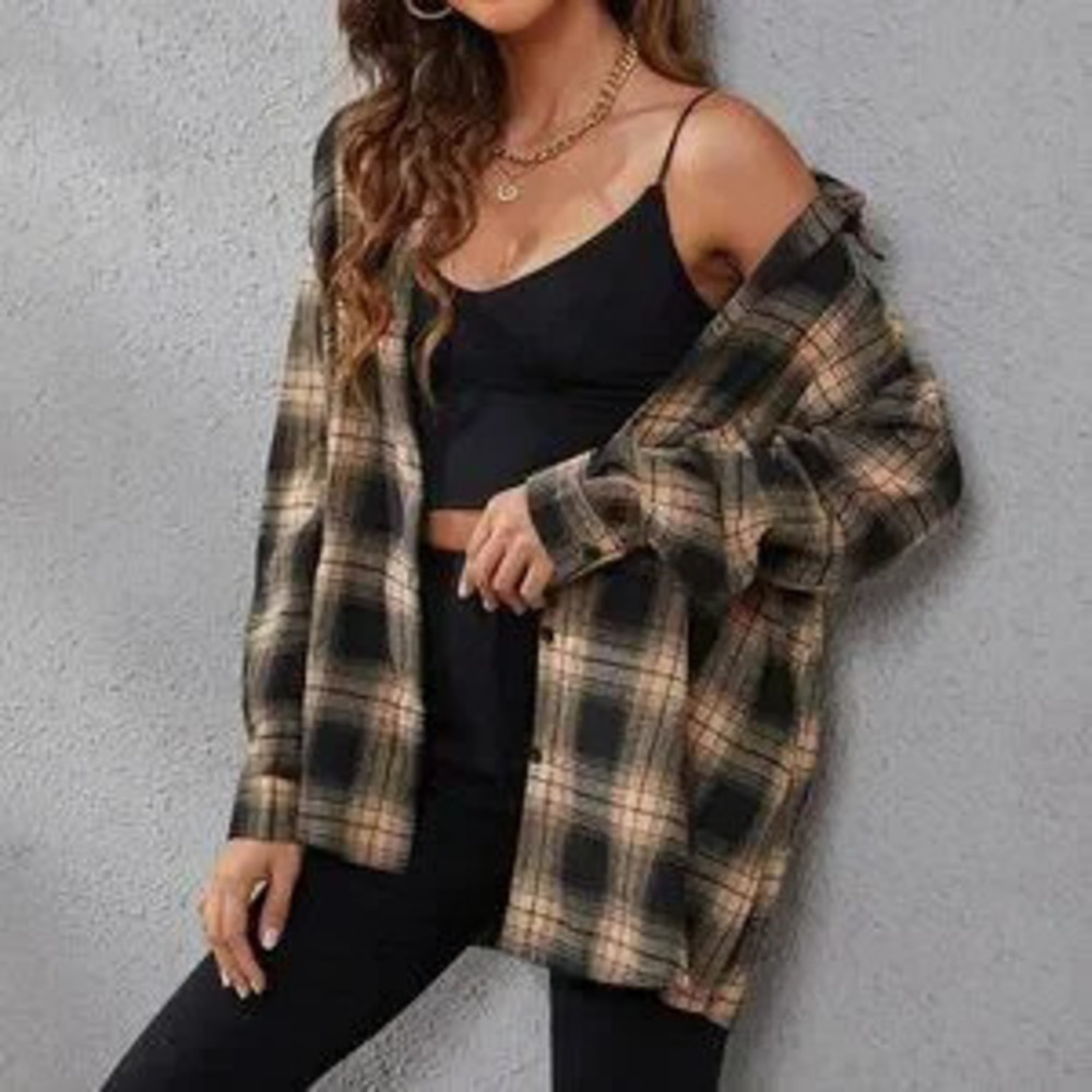 ZARA Khaki Casual Womens Plaid Print Drop Shoulder Shirt
